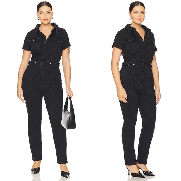 GOOD AMERICAN // fit for success short sleeved zip front stretch denim jumpsuit - Picture 4 of 7